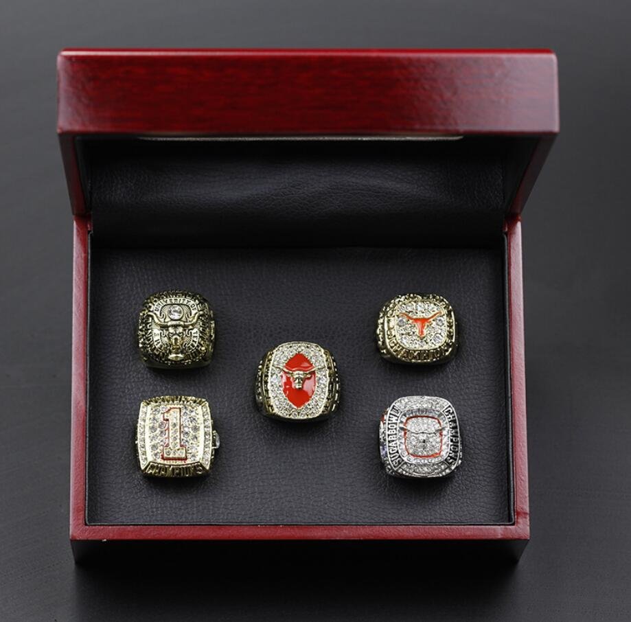 5Pcs Texas Longhorns National Championship rings Fans Gift With Wooden Display Case