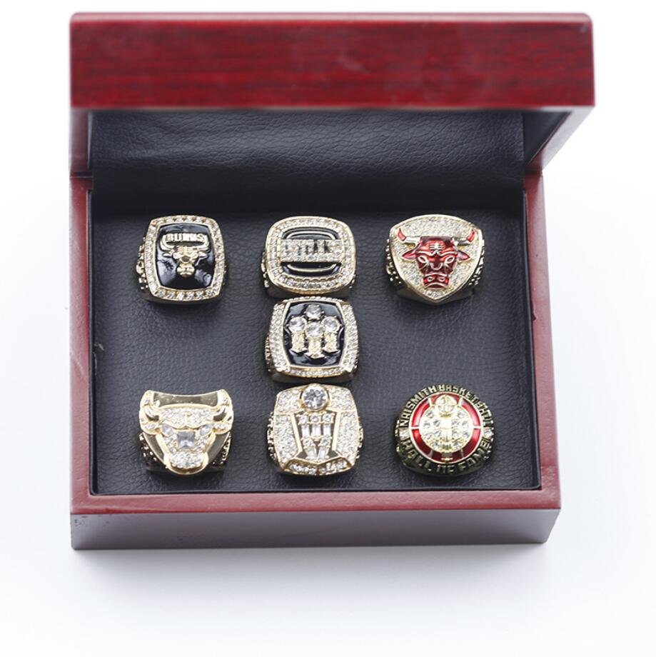 A Set Chicago Bulls JORDAN Basketball Championship Rings 7pcs Size 11 With Wooden Display Box Gift