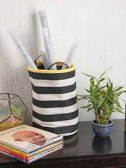 My Gift Booth Off White and Black Striped Round Stationery Storaage