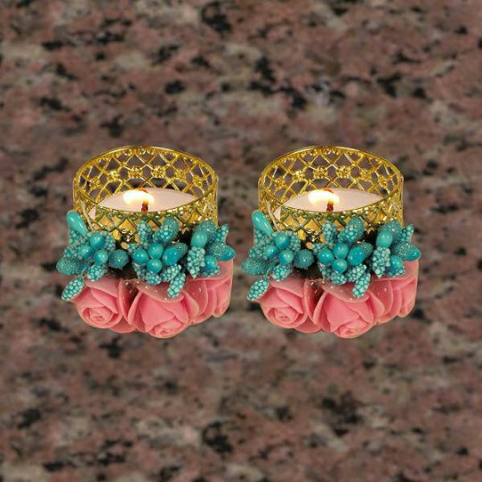 Decorative Tea Light Pink Flowers Blue Pollens Set of 2 Pink