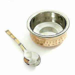 Authentic Copper Steel Handi With Spoon Serving Bowl tableware Kitchen Utensil