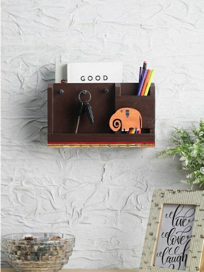 Brown and Orange Handcrafted Wall Mounting Magazine Holder cum Key holder