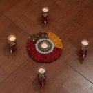 Diwali Festival Red Gold Yellow Flowers Rangoli with 4 Elephant T Light Holders