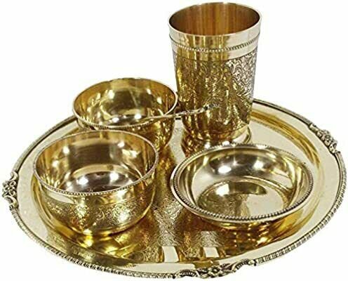 Style OK Brass Thali Set Luxury Spoon Restaurant Ware / Home /Hotel (Golden) 6 P