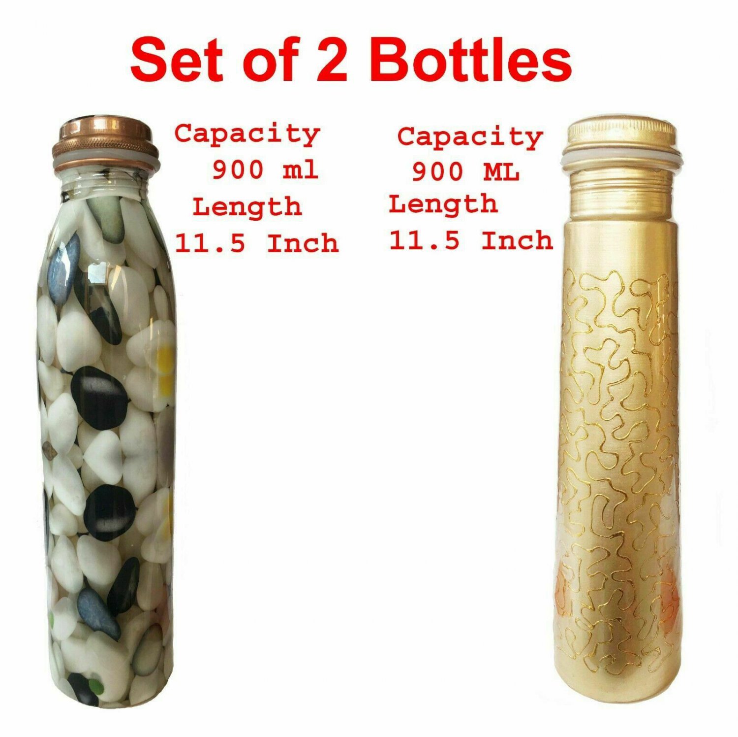 Two Pure Copper Water Bottles Flasks Leak Proof Health Benefit 900 ml From India