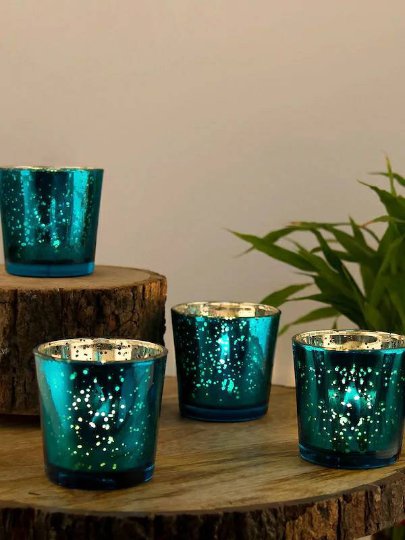 Christmas, Eid, Diwali festive mood, Set of 4 Blue and Mercury Silver T - Light