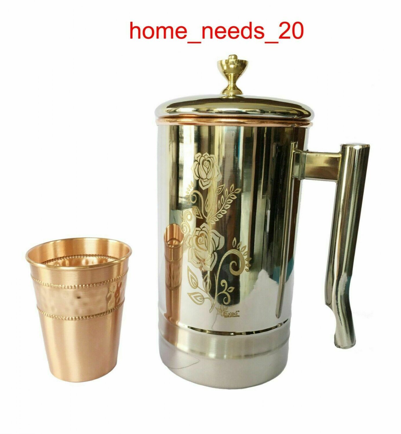 Copper Pot Jug With Glass With Outer Layer of Steel 1.5 Lt Capacity From India