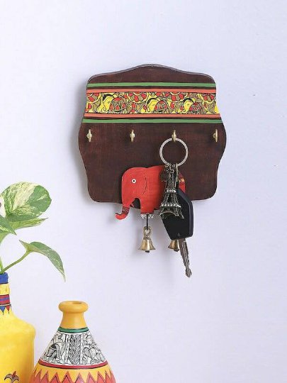 Brown Elephant Wooden Madhubani Key holder with 4 hooks get within 4 days