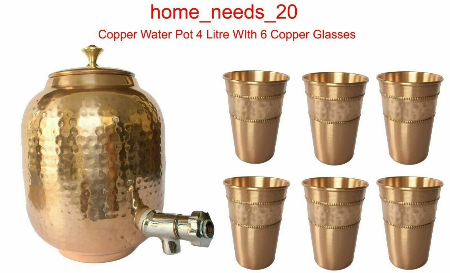 Copper Water Pot Matka Pitcher 4 Litre With Set of 6 Copper Glasses From India