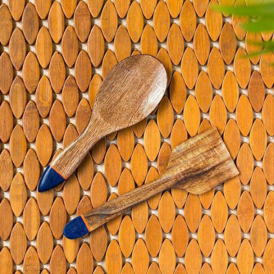 Indigo Pack Hand Painted Serving Spoon and Spatula in Mango Wood
