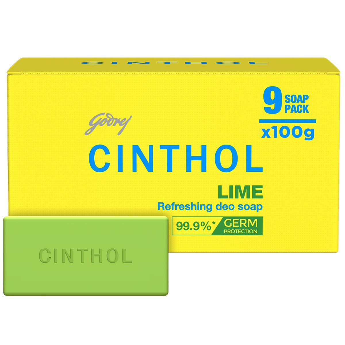 Cinthol Lime Bath Soap 99.9% Germ Protection, 100g (Pack of 9)