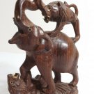 Carved Wooden Figurine ELEPHANT with 2 ATTACKING LIONS Wood Vintage India Figure