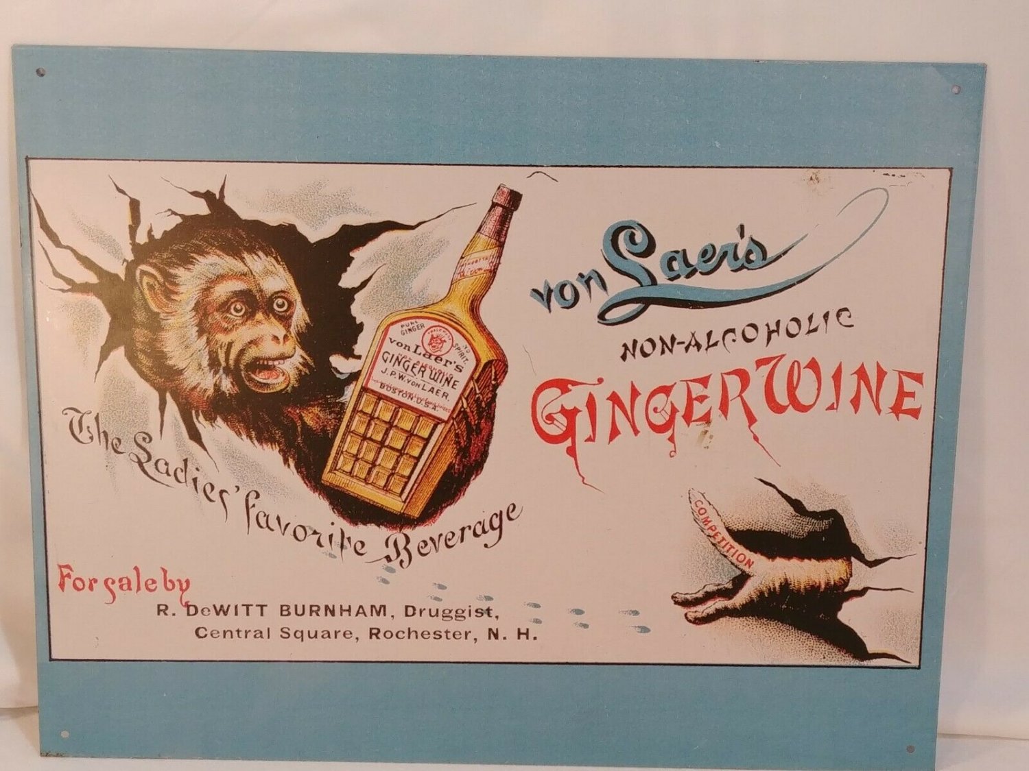 Von Laer's Ginger Wine 14x11 Wall Hanging Metal SIGN Advertising Druggist Monkey