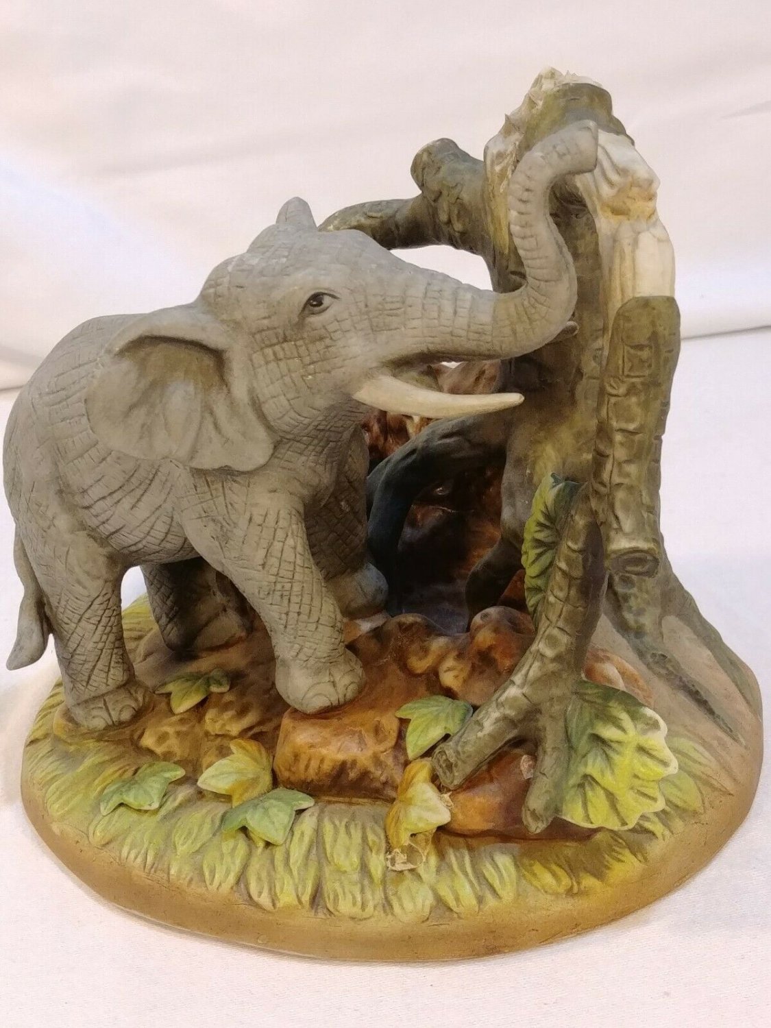 Wild Elephant Ceramic Figurine Gray Painted Figure with Tree Branch Display NICE
