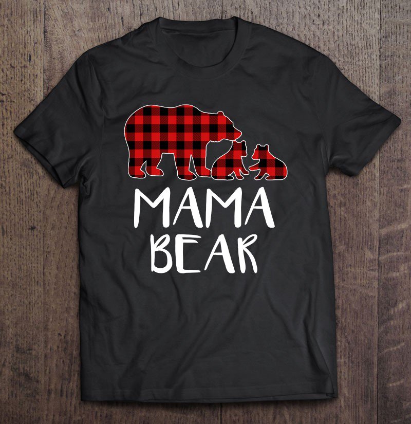 Tadostore Red Plaid Mama Bear Two Cubs Matching Buffalo Pajama Xmas Tee Shirt