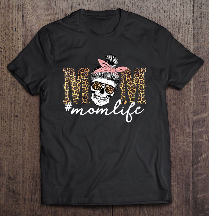 Tadostore Womens Mom Skull Tee, Mom Life Skull Cheetah Print Bandana Tee V-Neck Tee Shirt