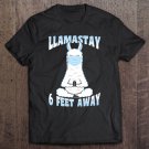 Tadostore Llamastay 6 Feet Away Funny Llama Yoga With Face Mask Blue Tee Shirt