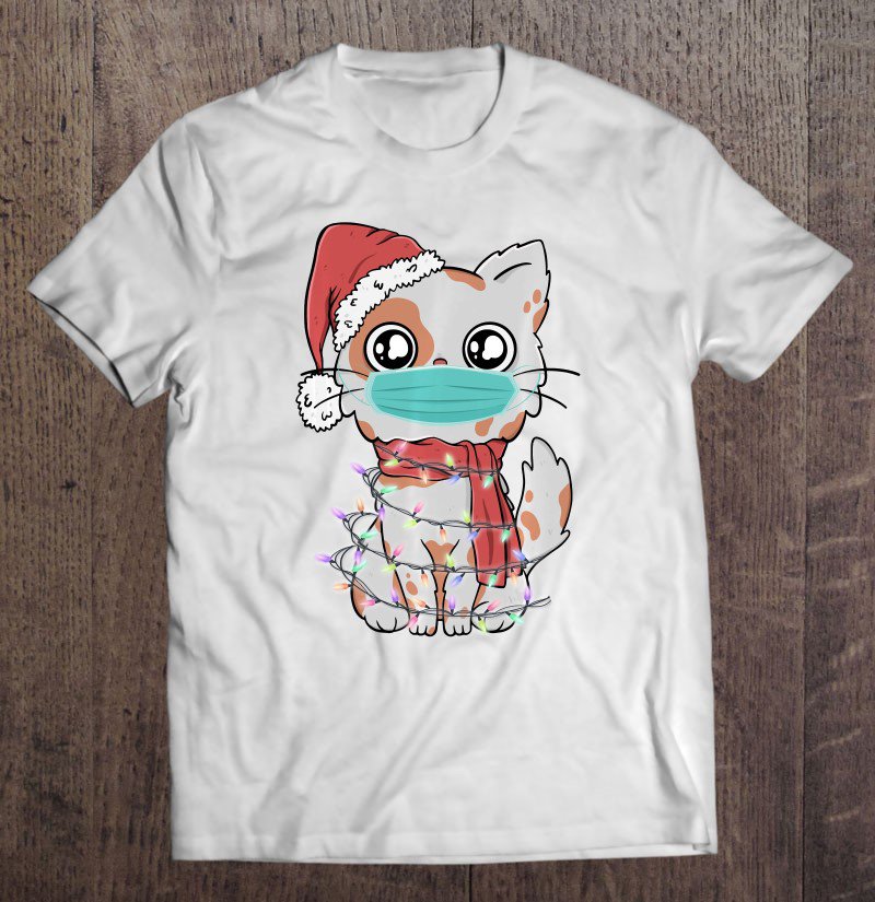 Tadostore Cute Cat Face Mask Christmas Light & Scarf Funny Cat Lover Tee Shirt