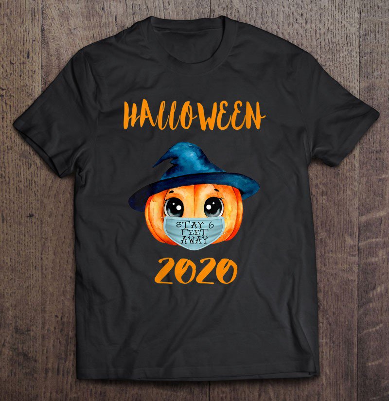 Tadostore Womens Cute Pumpkin Face Mask Stay 6 Feet Quarantine Halloween 2020 V-Neck Tee Shirt