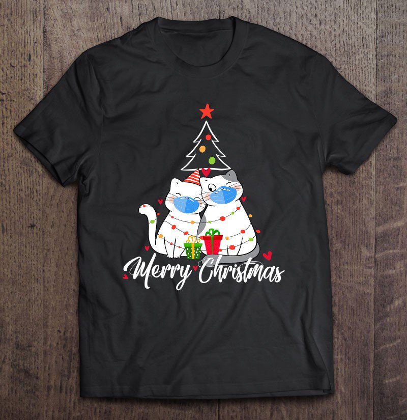 Tadostore Funny Cats Wearing Face Mask Merry Christmas Tree Lights Tee Shirt