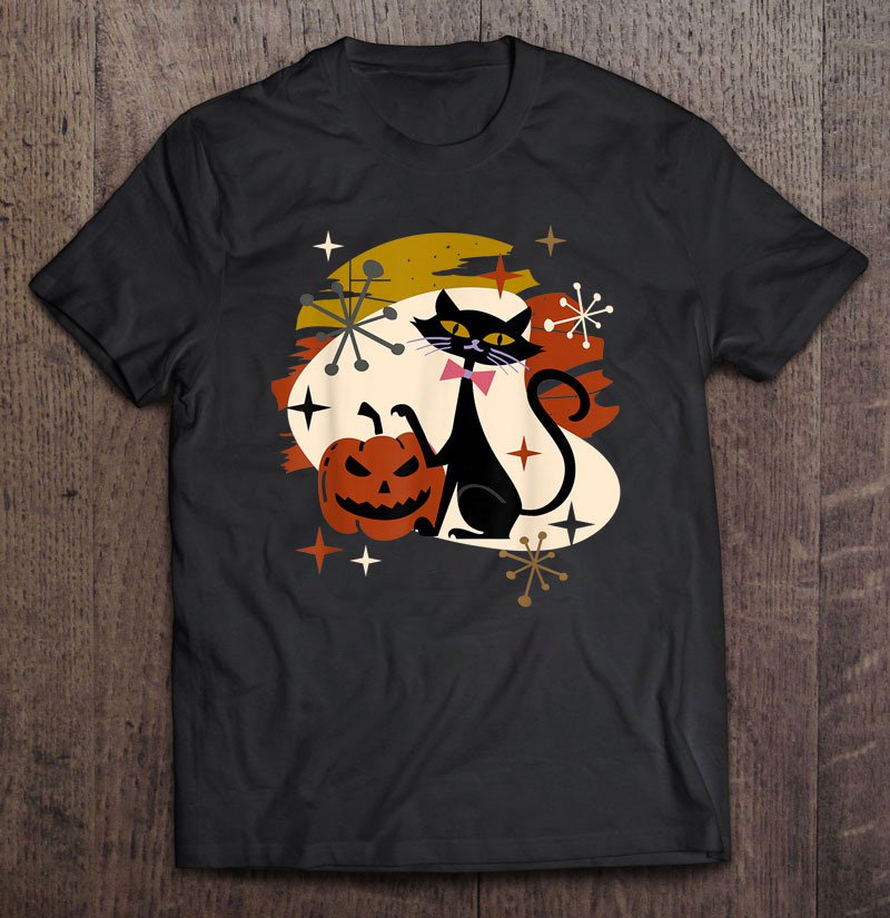 Black Cat And Pumpkin Atomic Retro Halloween Unisex T Shirt