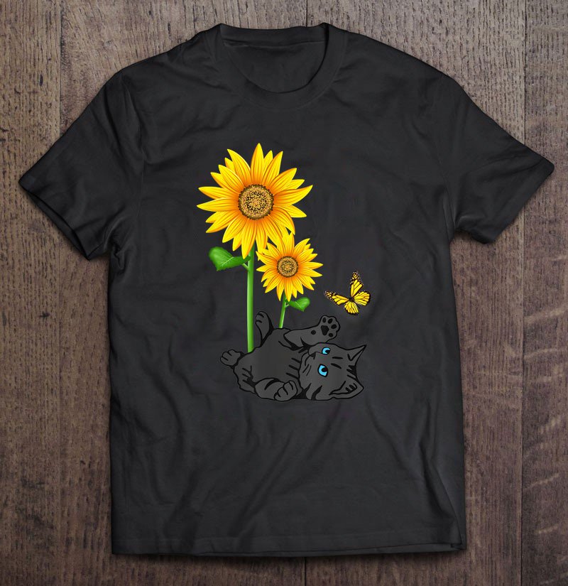 Black Cat Cats And Sunflowers Kitten Sunflower Butterfly Unisex T Shirt