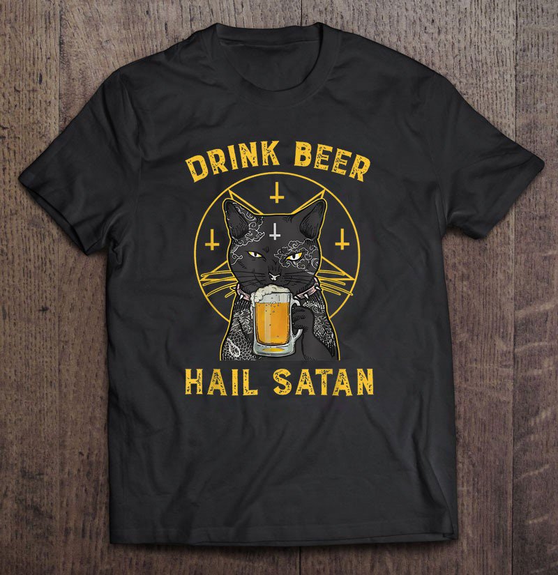 Black Cat Drink Beer Hail Satan Spooky Vintage Unisex T Shirt