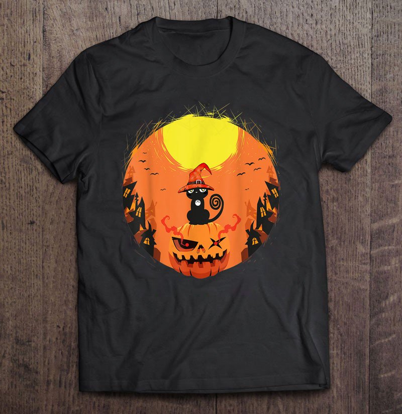 Black Cat Sitting On Pumpkin Surrounded By Haunted Houses Shirt For Men And Women