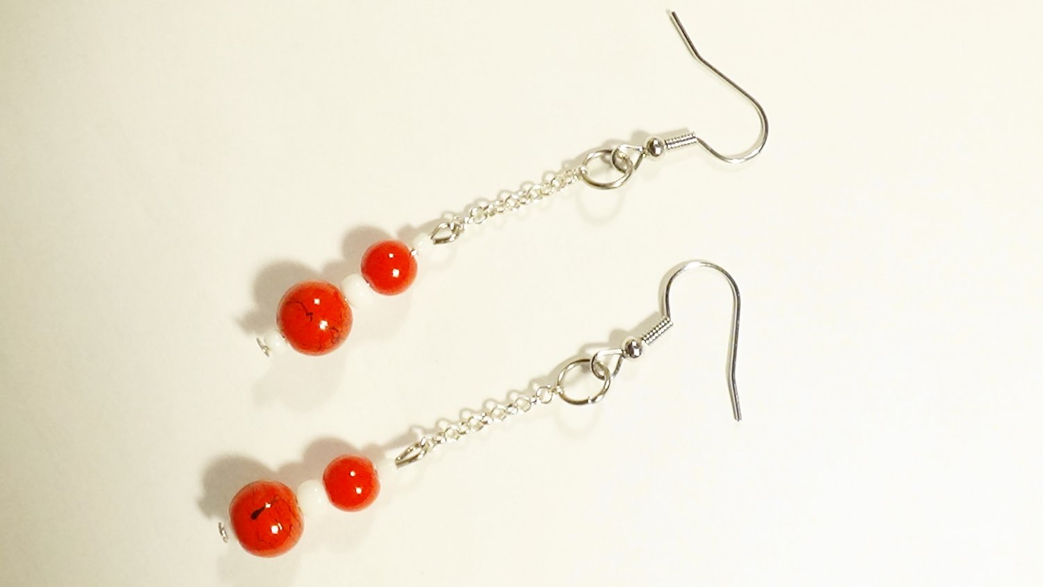 Red and White Dangle Earrings, Silver