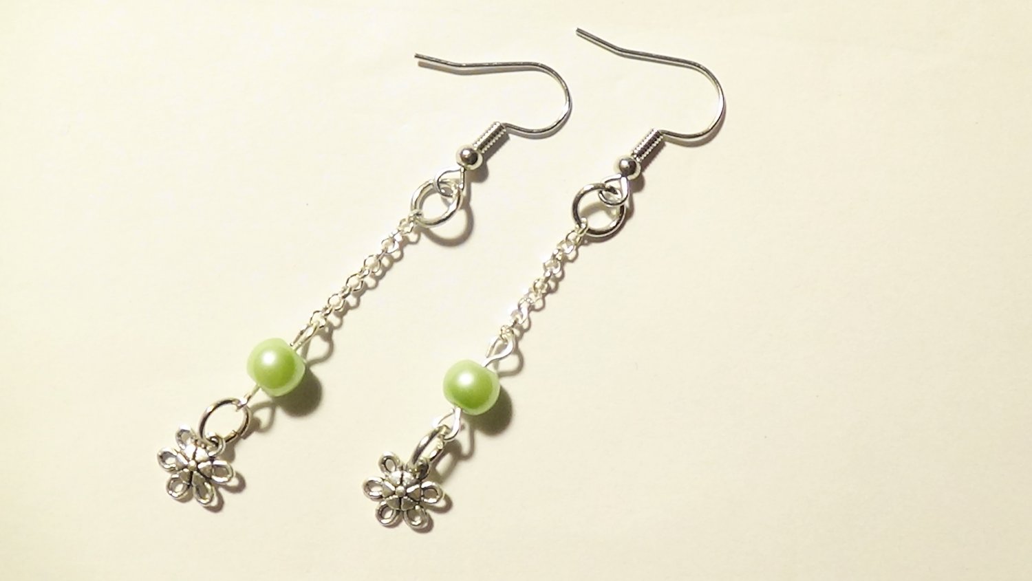 Dangle Earrings with Green Pearls and Flower Charm, Silver