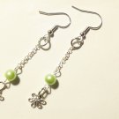 Dangle Earrings with Green Pearls and Flower Charm, Silver