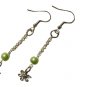Dangle Earrings with Green Pearls and Flower Charm, Silver