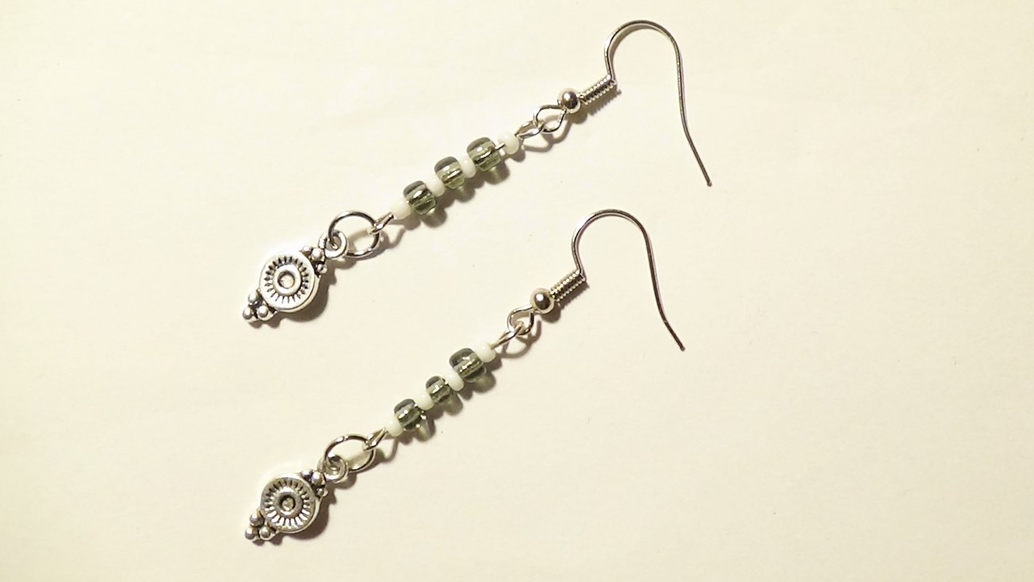 Gray and White Boho Dangle Earrings, Silver