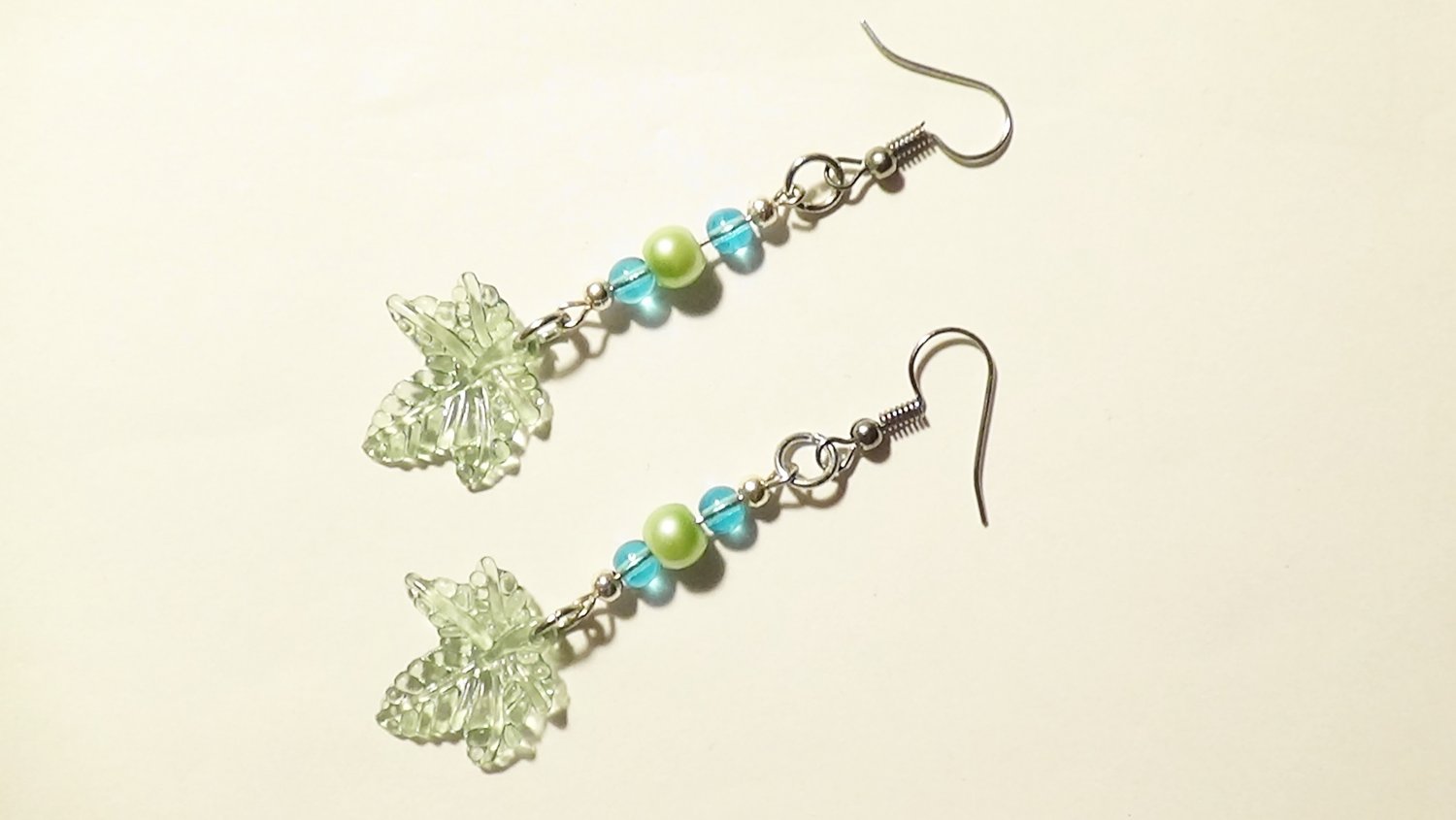 Green Pearls and Leaves Dangle Earrings, Silver