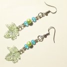 Green Pearls and Leaves Dangle Earrings, Silver