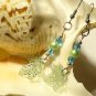 Green Pearls and Leaves Dangle Earrings, Silver