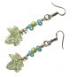 Green Pearls and Leaves Dangle Earrings, Silver