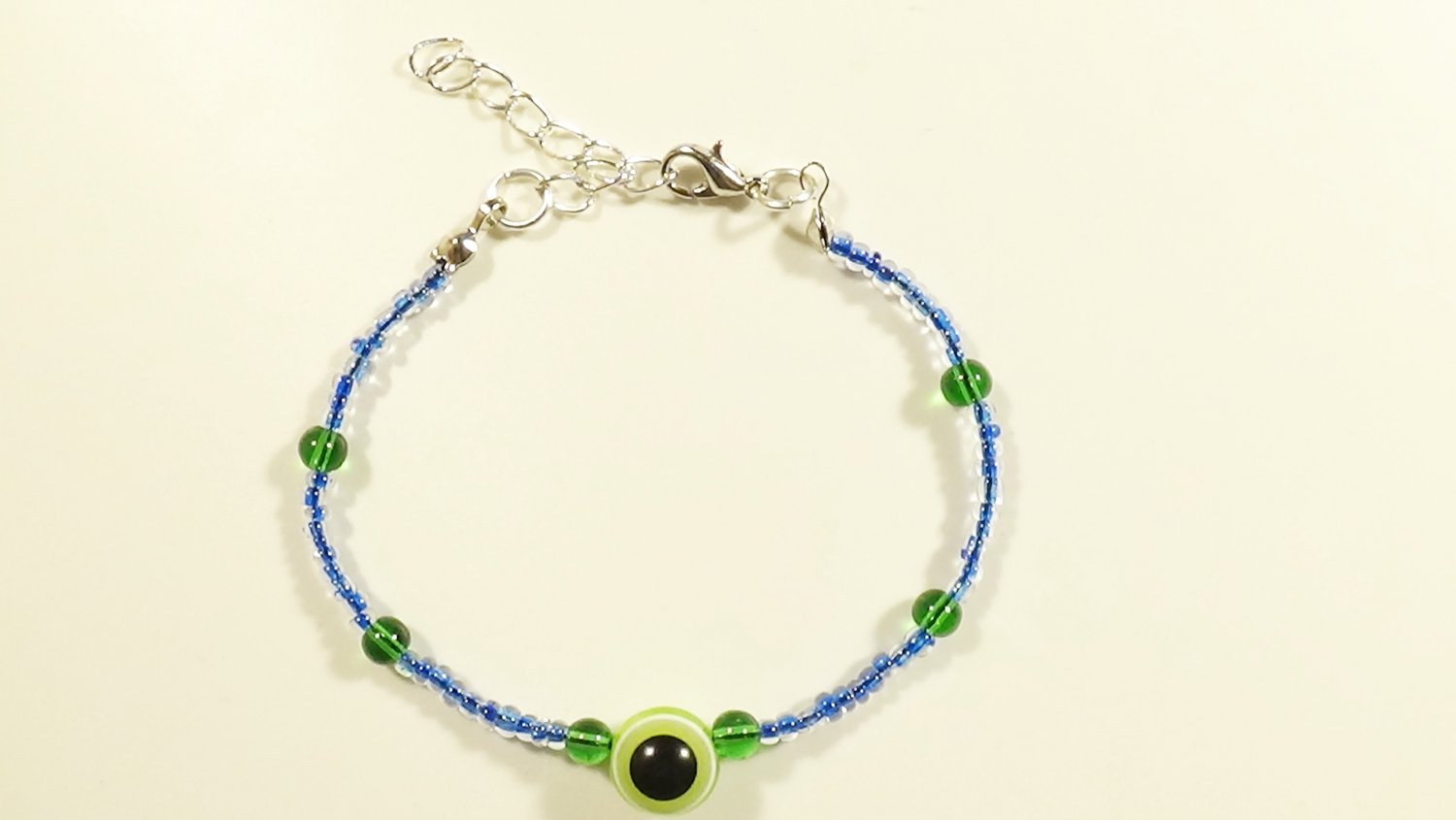 Blue and Green Evil Eye Bohemian Glass Bracelet, Silver
