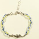Blue and Yellow Bohemian Glass Bracelet with Metal Rose, Silver