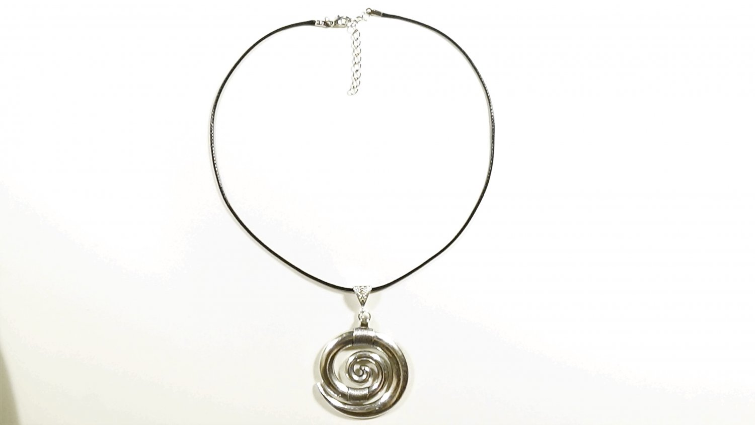 Spiral Pendant Necklace for Men, Black Cord, Silver