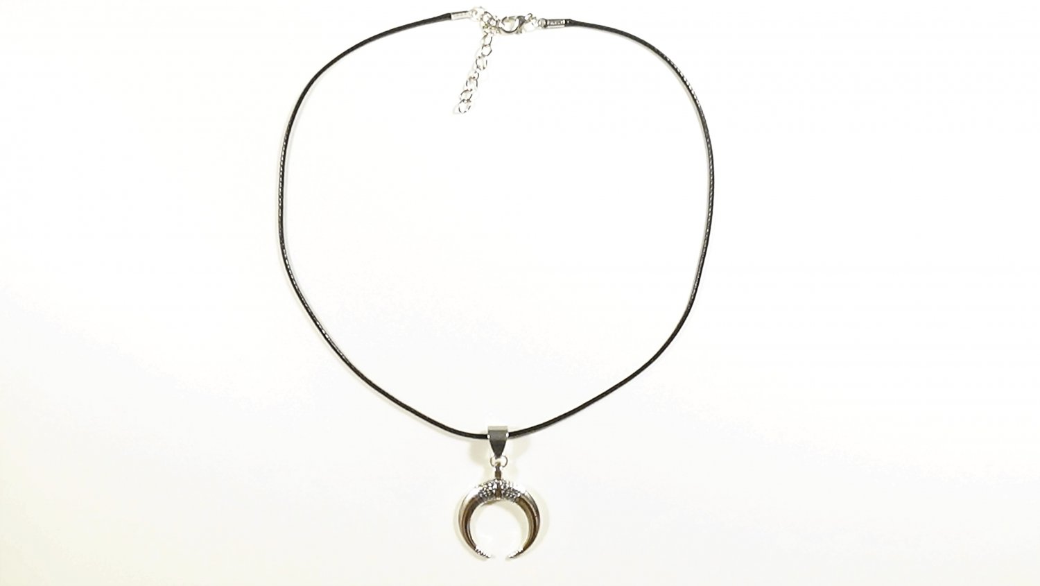 Horn Pendant Necklace for Men, Black Cord, Silver