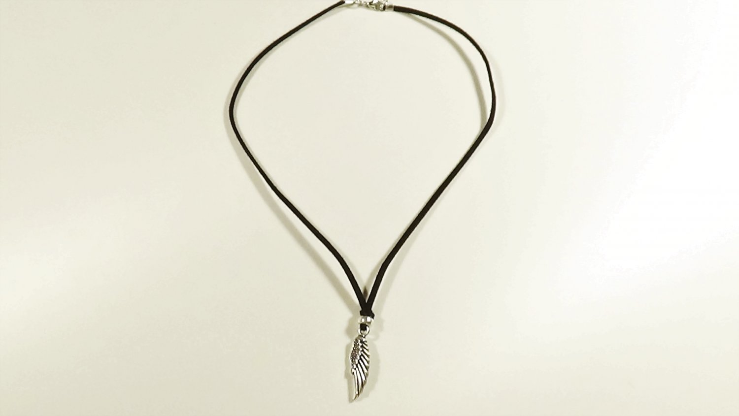 Wing Pendant Necklace for Men, Black Suede, Silver