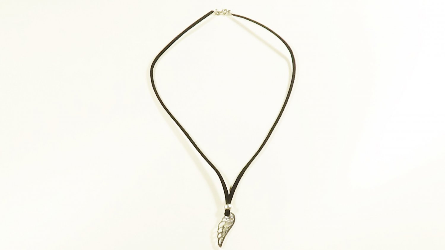 Wing Pendant Necklace for Men, Black Suede, Silver