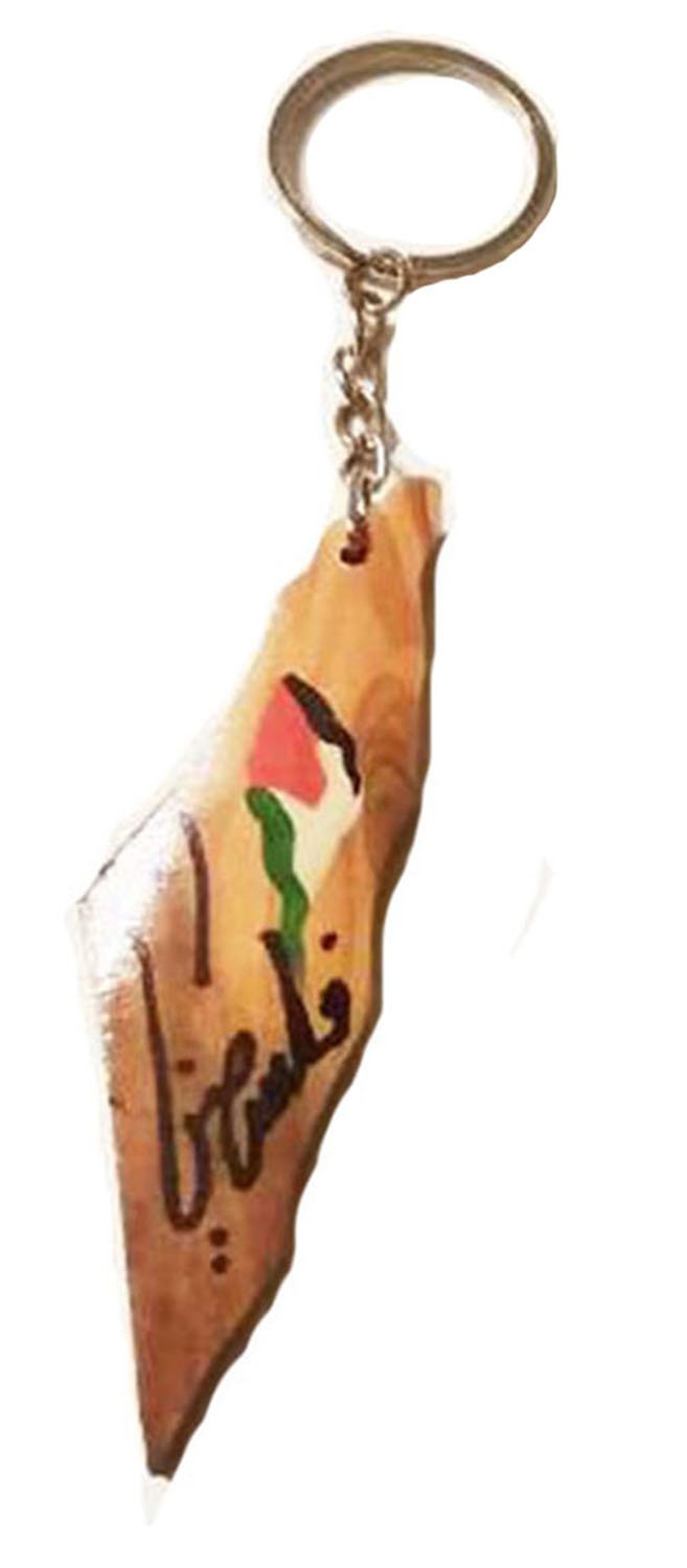 Palestine Handmade Wooden Map with colored Flag Keychain Key Holder Ring