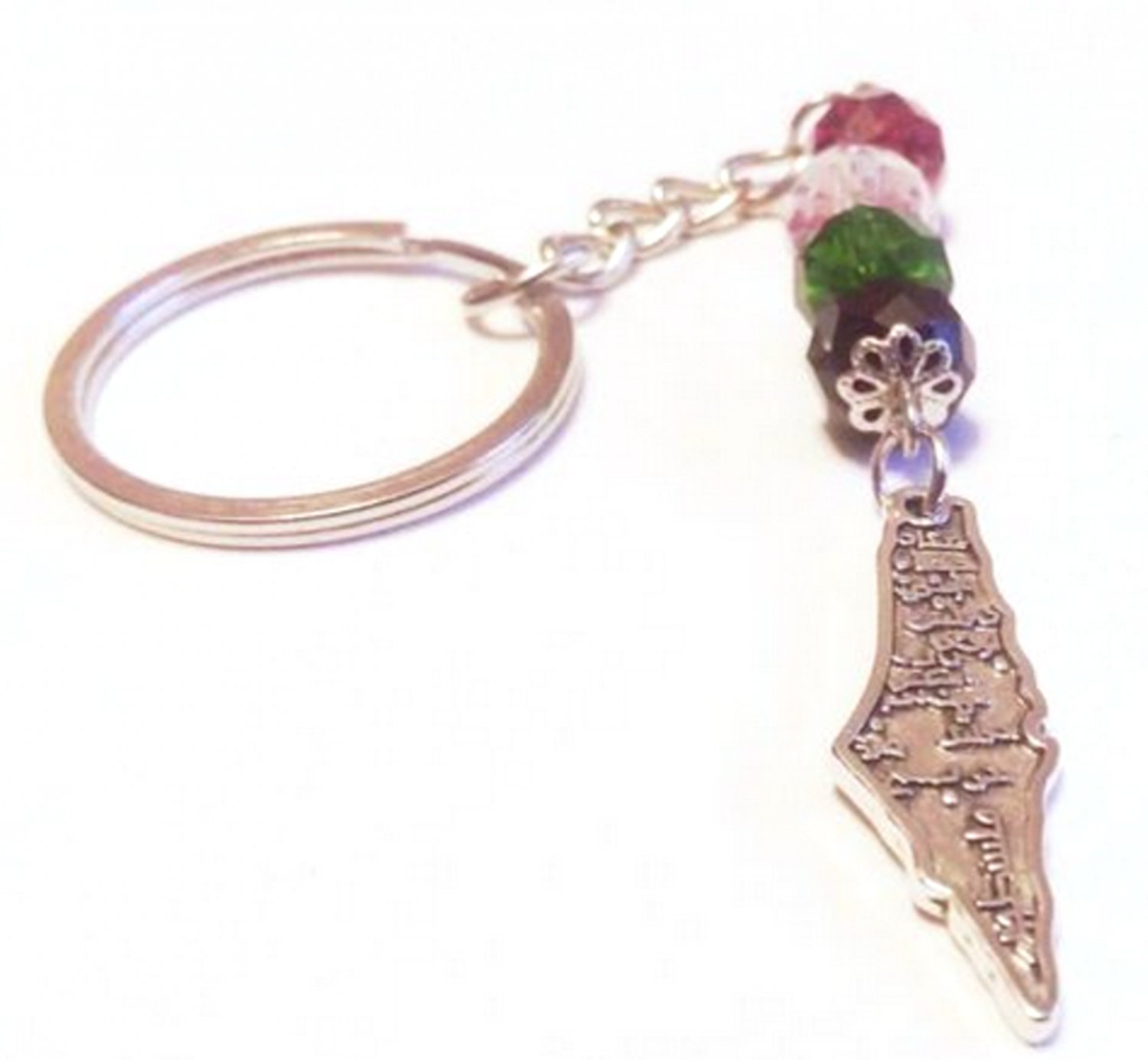 Palestine Metal Silver Map Flag with colored beads Keychain Key Holder Ring