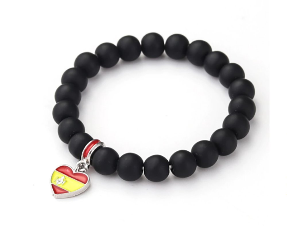 Unisex National flag Bracelet black beaded Stone Spain Flag love heart design