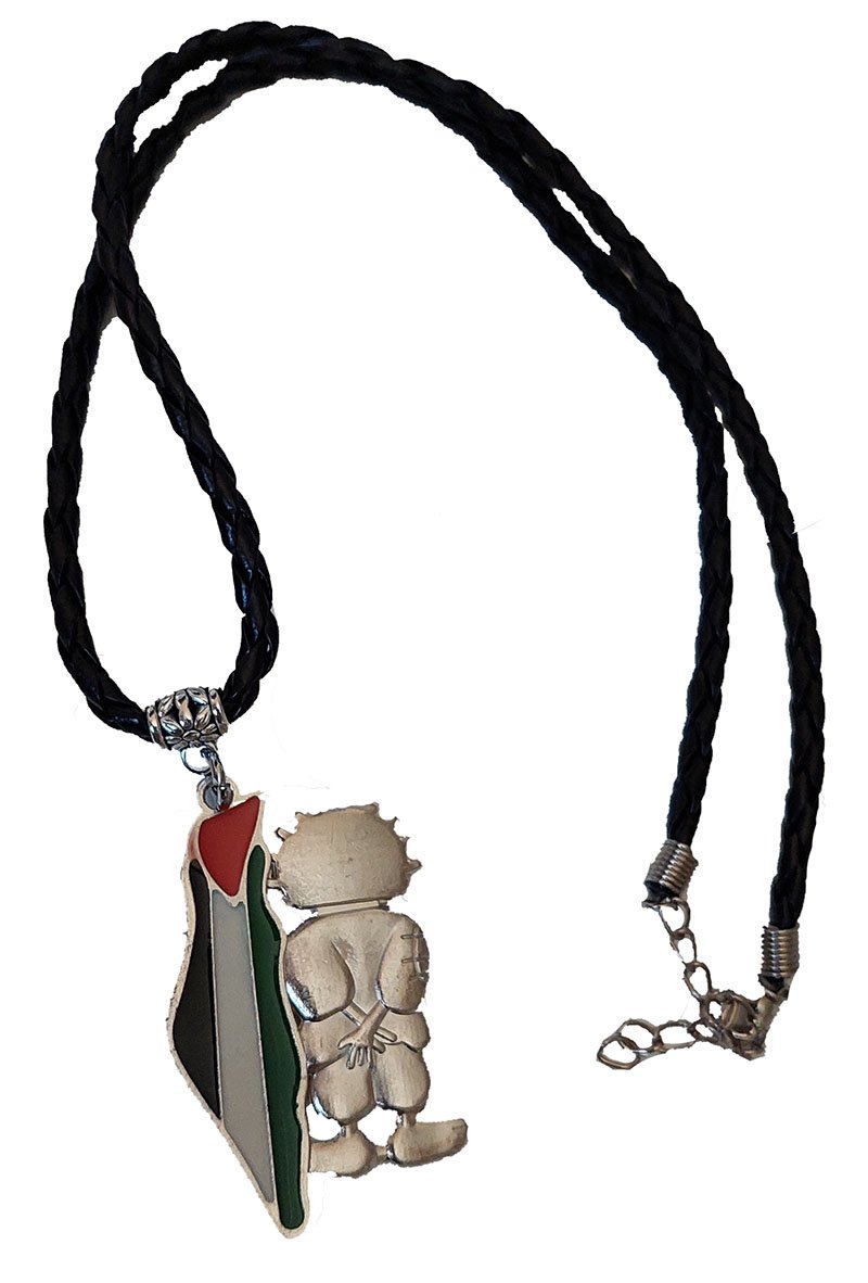 Palestine Metal Map Flag Handala Handalah & black Leather Necklace