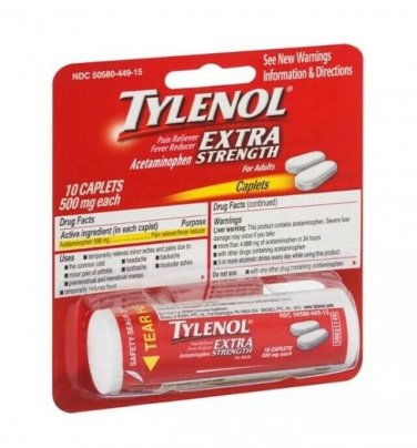TYLENOL Extra Strength 500 Mg ACETAMINOPHEN Pain Reliever Fever Travel Size
