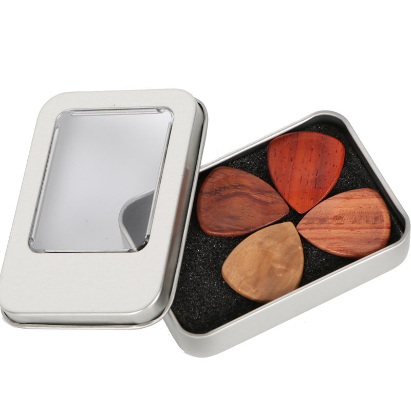 4pcs Wooden Guitar Picks + 1pcs Storage Box Case Plectrums Picks Set for Guitar Bass Ukulele Banjo A