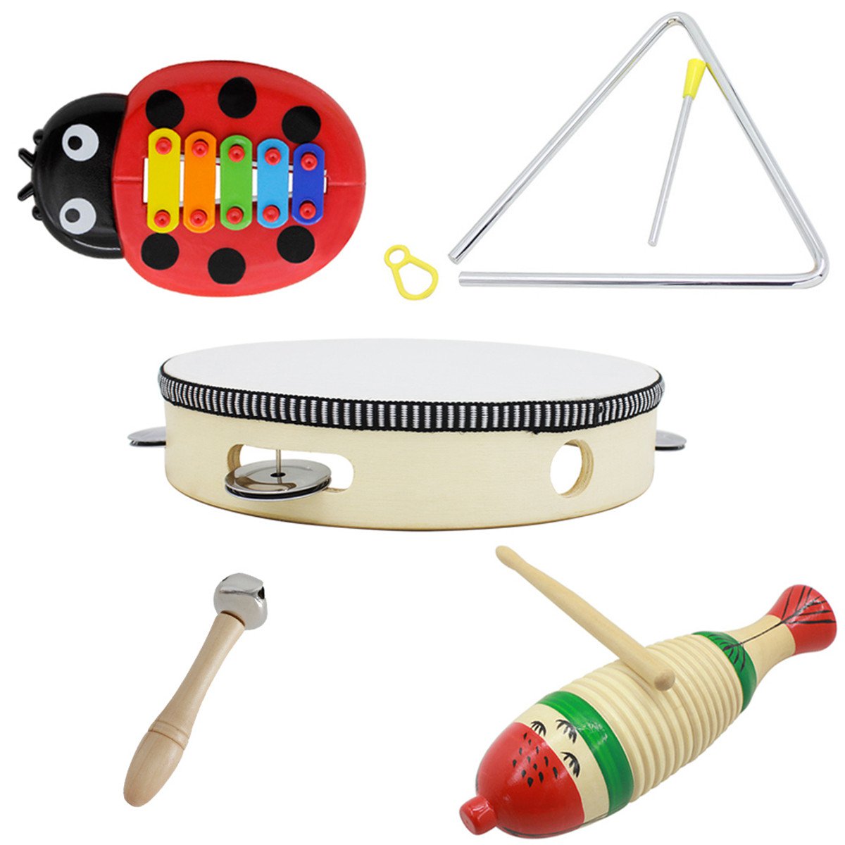 5-Piece Set Orff Musical Instruments Fish Frog/Hand Tambourine/Single Bar Bell/Music Triangle Iron/B